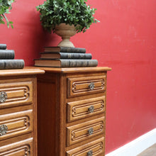 Load image into Gallery viewer, Pair of Vintage French Oak Five Drawer Chest or Lingerie Chest with Carved Detail Shaped Apron and Gilt Metal Handles. B12808