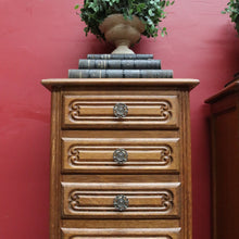 Load image into Gallery viewer, Pair of Vintage French Oak Five Drawer Chest or Lingerie Chest with Carved Detail Shaped Apron and Gilt Metal Handles. B12808