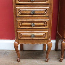 Load image into Gallery viewer, Pair of Vintage French Oak Five Drawer Chest or Lingerie Chest with Carved Detail Shaped Apron and Gilt Metal Handles. B12808