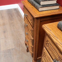 Load image into Gallery viewer, Pair of Vintage French Oak Five Drawer Chest or Lingerie Chest with Carved Detail Shaped Apron and Gilt Metal Handles. B12808