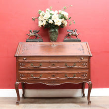 Load image into Gallery viewer, Antique French Oak Writing Bureau or Desk with Drop Front Brass Handles Key and Cabriole Legs. B12706