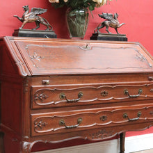 Load image into Gallery viewer, Antique French Oak Writing Bureau or Desk with Drop Front Brass Handles Key and Cabriole Legs. B12706