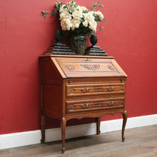 Load image into Gallery viewer, x SOLD French Oak Writing Bureau – Drop Front, Carved Detail, Brass Handles, Key. B12311