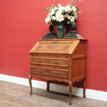 Load image into Gallery viewer, x SOLD French Oak Writing Bureau – Drop Front, Carved Detail, Brass Handles, Key. B12311