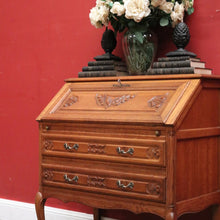 Load image into Gallery viewer, x SOLD French Oak Writing Bureau – Drop Front, Carved Detail, Brass Handles, Key. B12311