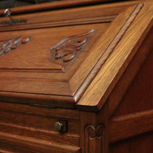 Load image into Gallery viewer, x SOLD French Oak Writing Bureau – Drop Front, Carved Detail, Brass Handles, Key. B12311