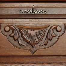 Load image into Gallery viewer, x SOLD French Oak Writing Bureau – Drop Front, Carved Detail, Brass Handles, Key. B12311