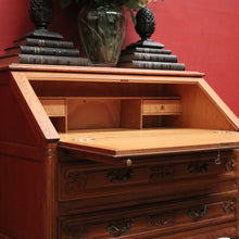 Load image into Gallery viewer, x SOLD French Oak Writing Bureau – Drop Front, Carved Detail, Brass Handles, Key. B12311