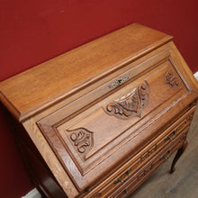 Load image into Gallery viewer, x SOLD French Oak Writing Bureau – Drop Front, Carved Detail, Brass Handles, Key. B12311