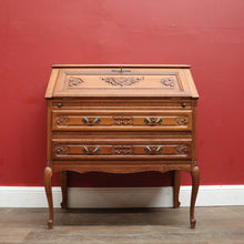 Load image into Gallery viewer, x SOLD French Oak Writing Bureau – Drop Front, Carved Detail, Brass Handles, Key. B12311