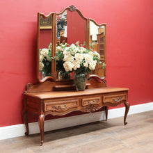 Load image into Gallery viewer, x Sold Antique French dressing table with tall bevelled tri fold mirrors and three drawers. B12729