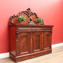 Load image into Gallery viewer, Antique Australian Cedar Three Door Sideboard with Ornately Carved Backboard. B13147