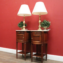 Load image into Gallery viewer, x SOLD Pair of French Walnut Bedside Tables with Marble Tops – Porcelain Lined, True Left & Right-Hand Design. B12290