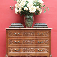 Load image into Gallery viewer, x SOLD French Antique Three Drawer Chest with Serpentine Top and Carved Motifs. B12842