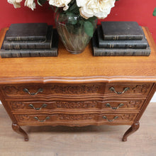 Load image into Gallery viewer, x SOLD French Antique Three Drawer Chest with Serpentine Top and Carved Motifs. B12842