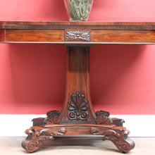 Load image into Gallery viewer, Antique Rosewood Regency Fold Over Card Games Table with Carved Base and Baize Interior. B12891