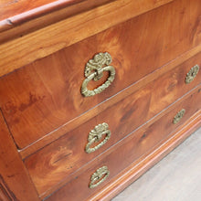 Load image into Gallery viewer, Antique French Cherrywood Three Drawer Chest of Drawers with Ornate Brass Handles. B13167