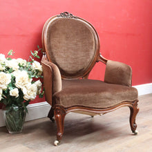 Load image into Gallery viewer, x SOLD Victorian English Walnut Gentleman’s Chair with Carved Back and Velvet Seat. B12867