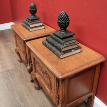 Load image into Gallery viewer, x SOLD Pair of Vintage French Oak Bedside or Side Tables with Scroll Feet & Brass. B12304