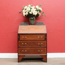 Load image into Gallery viewer, Antique Mahogany Inlaid Fall Front Writing Bureau with Fitted Interior, Three Drawers and Brass Swan Neck Handles. B13180