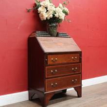 Load image into Gallery viewer, Antique Mahogany Inlaid Fall Front Writing Bureau with Fitted Interior, Three Drawers and Brass Swan Neck Handles. B13180