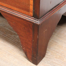 Load image into Gallery viewer, Antique Mahogany Inlaid Fall Front Writing Bureau with Fitted Interior, Three Drawers and Brass Swan Neck Handles. B13180