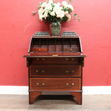 Load image into Gallery viewer, Antique Mahogany Inlaid Fall Front Writing Bureau with Fitted Interior, Three Drawers and Brass Swan Neck Handles. B13180