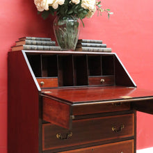 Load image into Gallery viewer, Antique Mahogany Inlaid Fall Front Writing Bureau with Fitted Interior, Three Drawers and Brass Swan Neck Handles. B13180