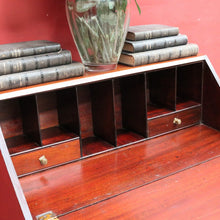 Load image into Gallery viewer, Antique Mahogany Inlaid Fall Front Writing Bureau with Fitted Interior, Three Drawers and Brass Swan Neck Handles. B13180