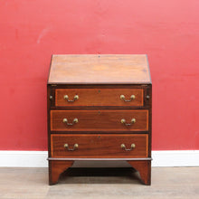 Load image into Gallery viewer, Antique Mahogany Inlaid Fall Front Writing Bureau with Fitted Interior, Three Drawers and Brass Swan Neck Handles. B13180
