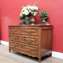 Load image into Gallery viewer, x SOLD Antique French Oak Carved front 3 Three Drawer Chest of Bedroom Drawers Brass handles B12819