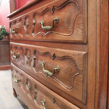 Load image into Gallery viewer, x SOLD Antique French Oak Carved front 3 Three Drawer Chest of Bedroom Drawers Brass handles B12819
