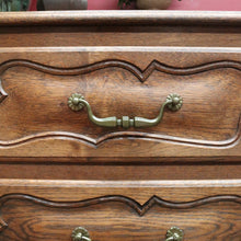 Load image into Gallery viewer, x SOLD Antique French Oak Carved front 3 Three Drawer Chest of Bedroom Drawers Brass handles B12819