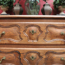 Load image into Gallery viewer, x SOLD Antique French Oak Carved front 3 Three Drawer Chest of Bedroom Drawers Brass handles B12819