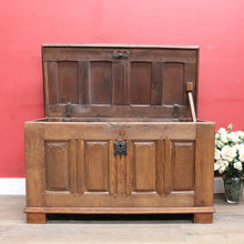 Load image into Gallery viewer, Antique French Oak Blanket Box Coffer with Panelled Sides and Iron Handle. B12781
