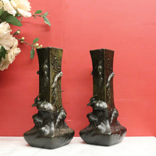 Load image into Gallery viewer, Antique French Bronze Vases with Bird & Wave Motif – Original Matching Pair. B12494