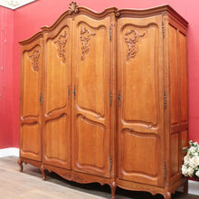 Load image into Gallery viewer, Antique French Oak 4 Door Breakfront Wardrobe Armoire with Hanging Rail and Shelves. B12804
