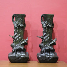Load image into Gallery viewer, Antique French Bronze Vases with Bird & Wave Motif – Original Matching Pair. B12494