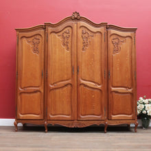 Load image into Gallery viewer, Antique French Oak 4 Door Breakfront Wardrobe Armoire with Hanging Rail and Shelves. B12804
