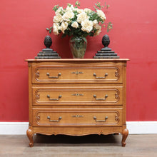 Load image into Gallery viewer, Vintage French Oak Chest of Drawers Three Drawer with Carved Detail. 12732