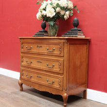 Load image into Gallery viewer, Vintage French Oak Chest of Drawers Three Drawer with Carved Detail. 12732