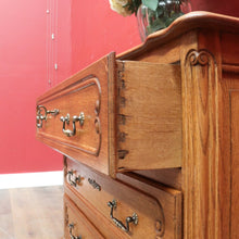 Load image into Gallery viewer, Vintage French Oak Chest of Drawers Three Drawer with Carved Detail. 12732