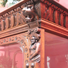 Load image into Gallery viewer, x SOLD Antique French Oak Gothic Display Cabinet with Bevelled Glass and Carved Detail. B12735