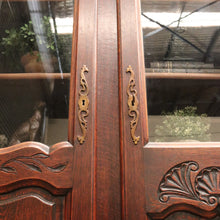 Load image into Gallery viewer, x SOLD Antique French Oak Bookcase – Carved Doors, Glass Panels, Keys, Adjustable Shelves. B12512