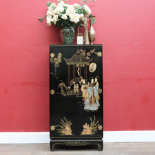 Load image into Gallery viewer, x SOLD Oriental Inspired Black Lacquer Chinoiserie Cabinet with Hand Painted Scenes. B12751