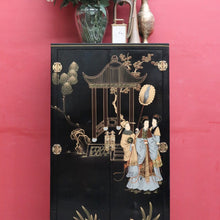 Load image into Gallery viewer, x SOLD Oriental Inspired Black Lacquer Chinoiserie Cabinet with Hand Painted Scenes. B12751