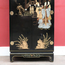 Load image into Gallery viewer, x SOLD Oriental Inspired Black Lacquer Chinoiserie Cabinet with Hand Painted Scenes. B12751