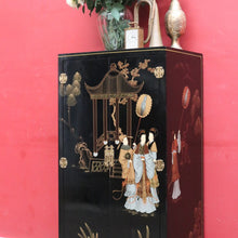 Load image into Gallery viewer, x SOLD Oriental Inspired Black Lacquer Chinoiserie Cabinet with Hand Painted Scenes. B12751