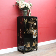 Load image into Gallery viewer, x SOLD Oriental Inspired Black Lacquer Chinoiserie Cabinet with Hand Painted Scenes. B12751
