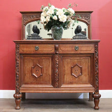 Load image into Gallery viewer, Antique French Oak Sideboard – Marquetry Inlay, Carved Floral Front, Brass Pulls. B12299